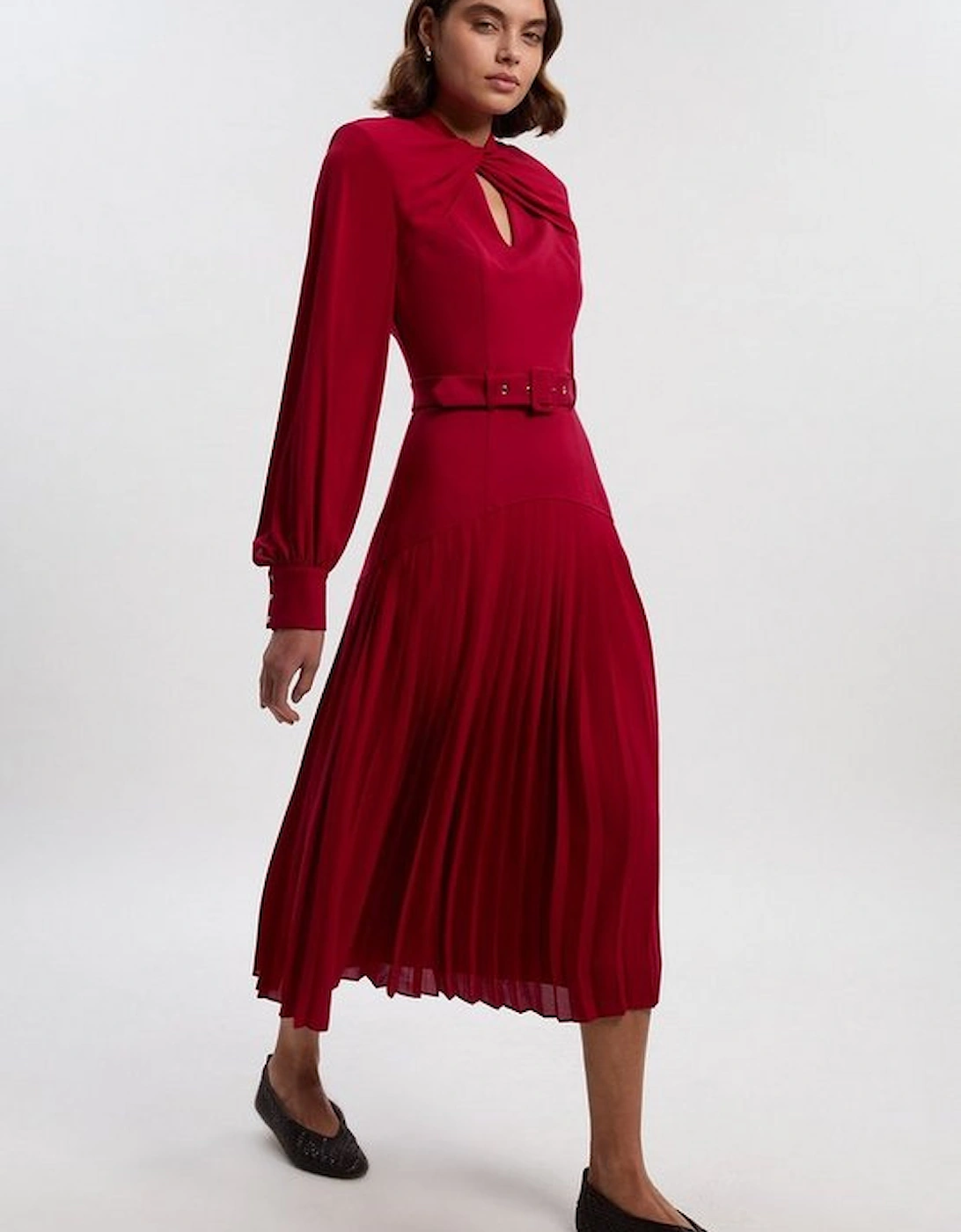 Ponte And Georgette Mix Balloon Sleeve Cut Out Detail Pleated Maxi Dress, 4 of 3