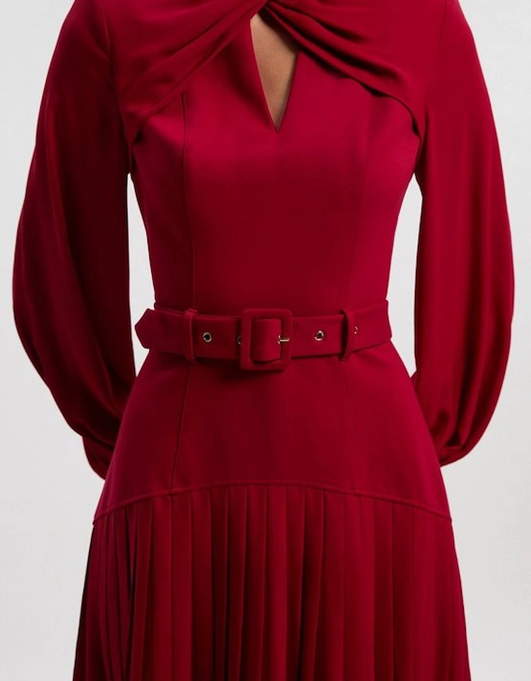 Ponte And Georgette Mix Balloon Sleeve Cut Out Detail Pleated Maxi Dress