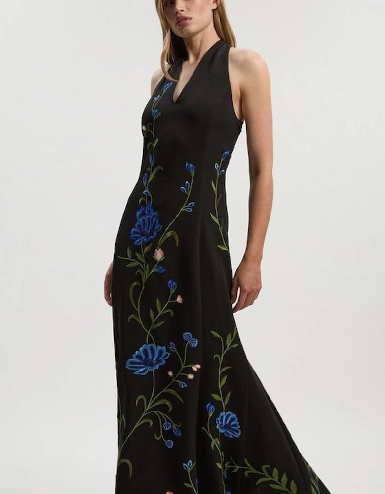 Placed Floral Halter Embroidered Crepe Woven Maxi Dress