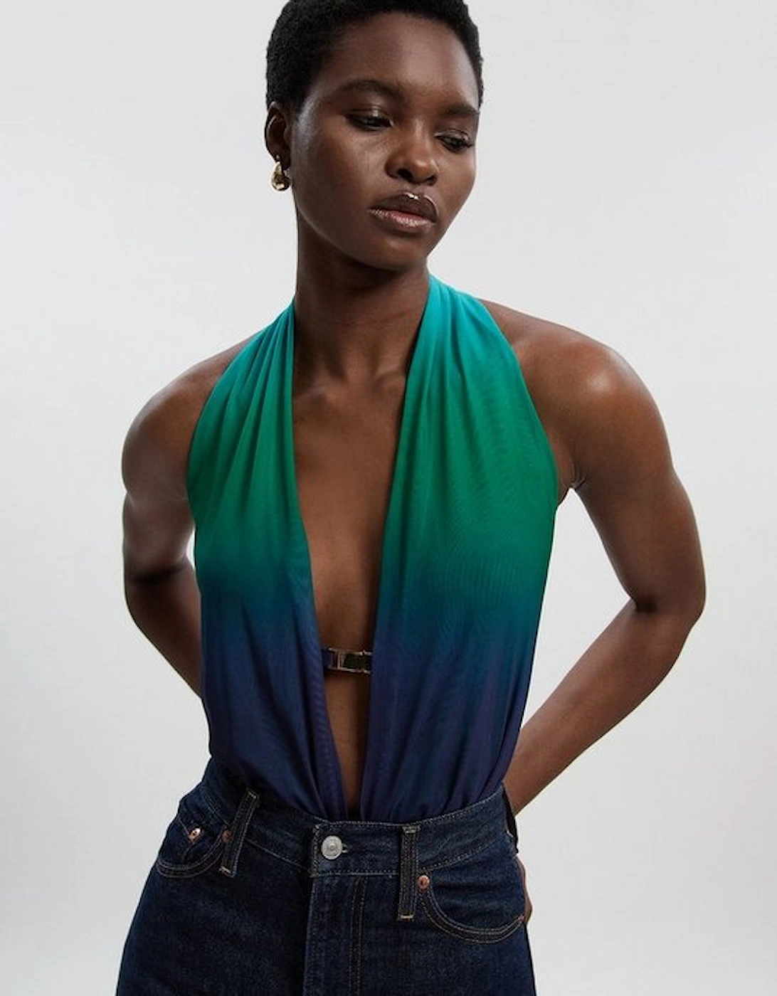 Halter Neck Trim Detail Plunge Ombre Mesh Bodysuit, 2 of 1