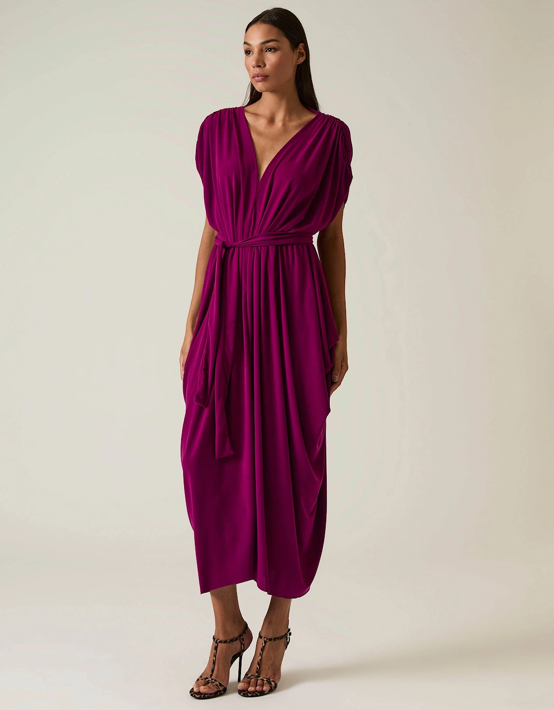Draped Magenta Purple Midi Dress