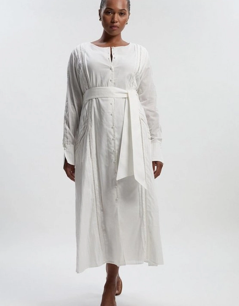 Plus Size Cotton With Lace Trim Insert Woven Long Sleeve Midi Dress