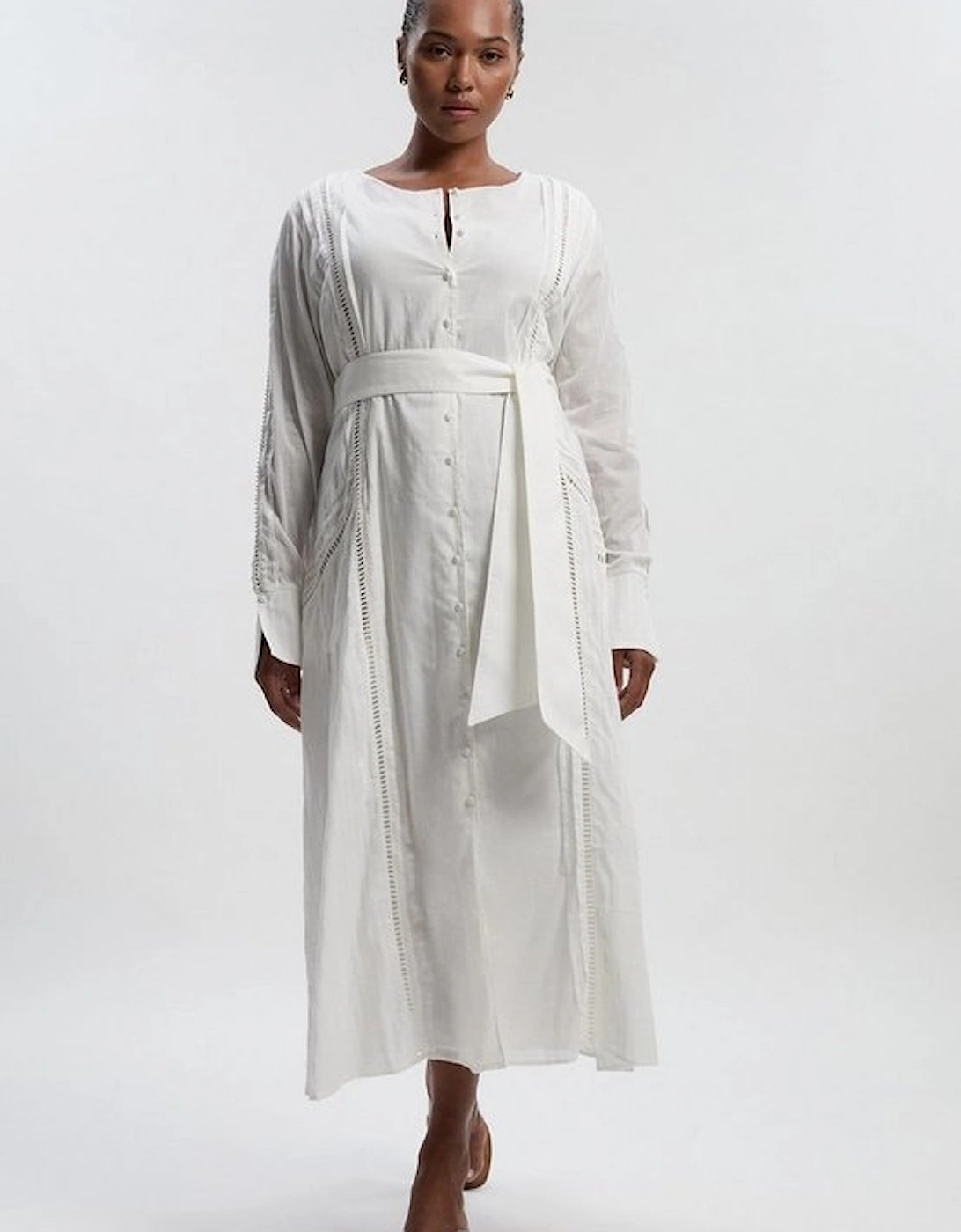 Plus Size Cotton With Lace Trim Insert Woven Long Sleeve Midi Dress, 2 of 1