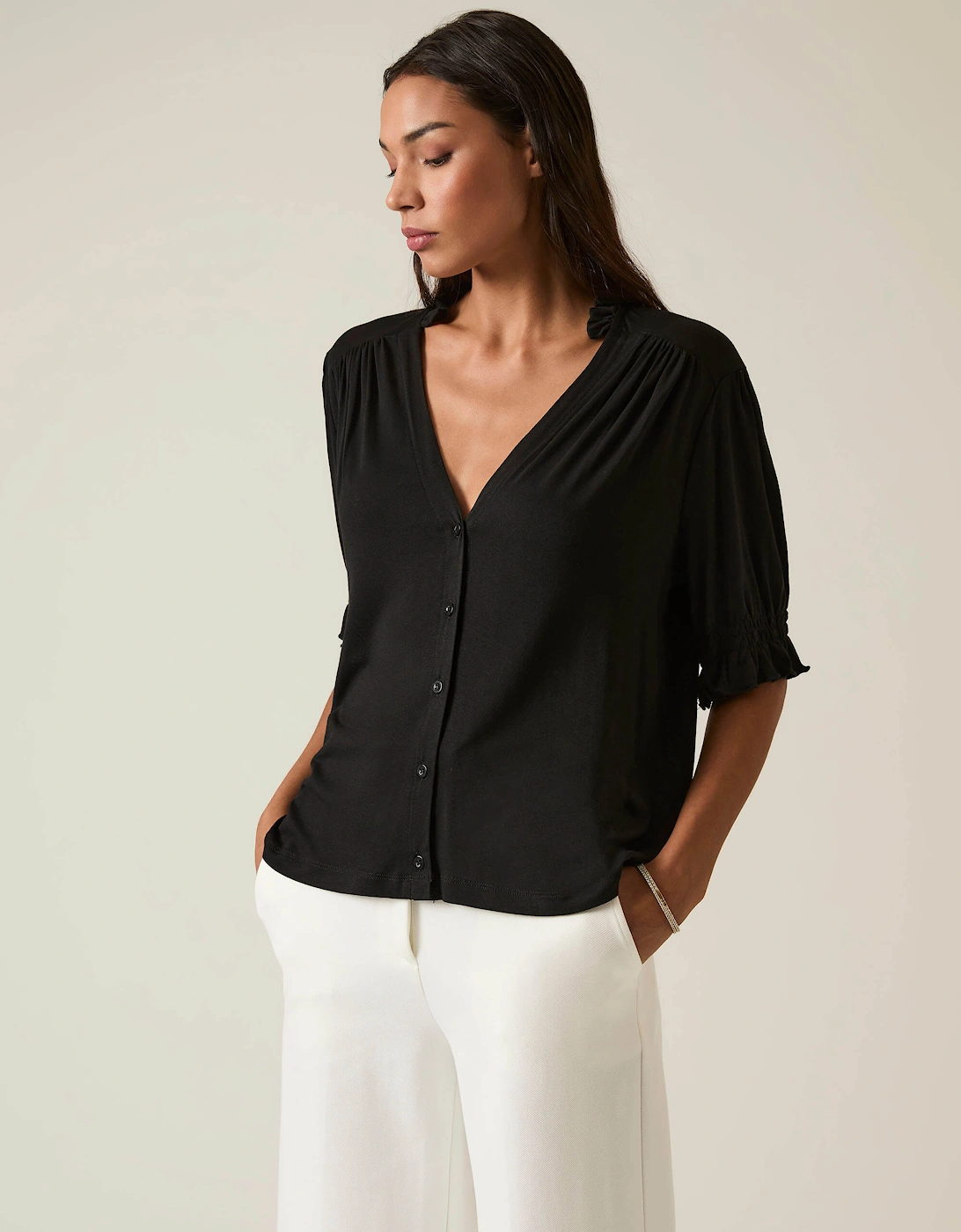 Black V-neck Jersey Blouse