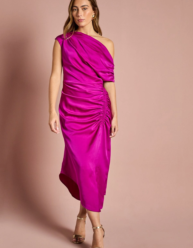 Satin Ruched One Shoulder Asymmetric Hem Midi Dress