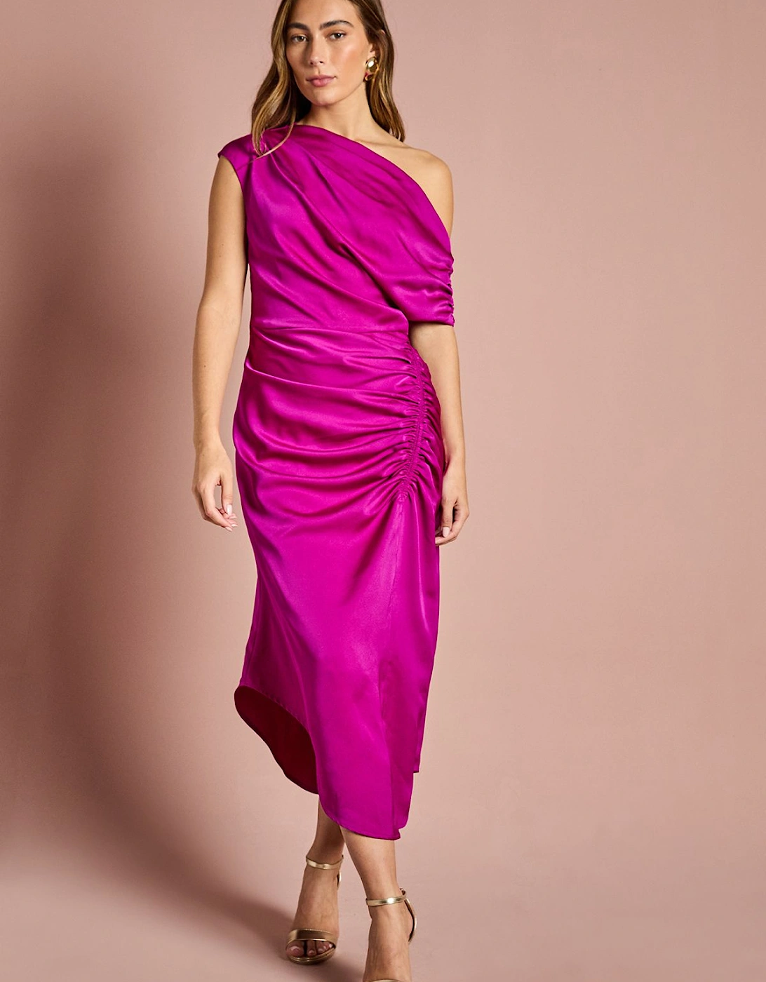 Satin Ruched One Shoulder Asymmetric Hem Midi Dress, 2 of 1