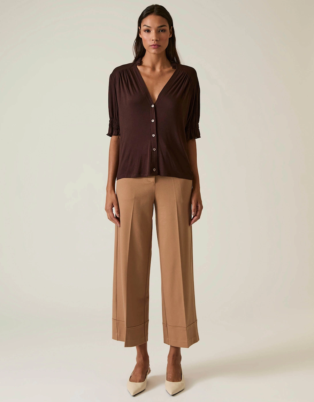 Brown V-neck Jersey Blouse