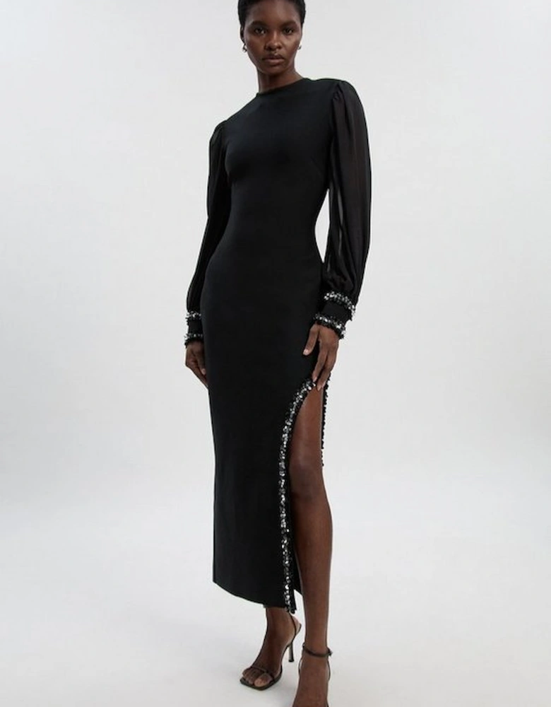 Embellished Figure Form And Chiffon Sleeve Midi Dress