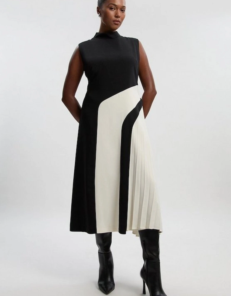Plus Size Soft Tailored Colour block High Neck Pleated Midi Dress