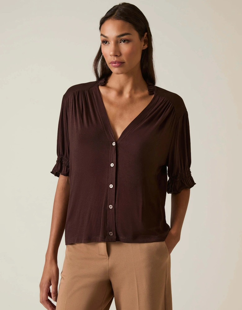 Brown V-neck Jersey Blouse