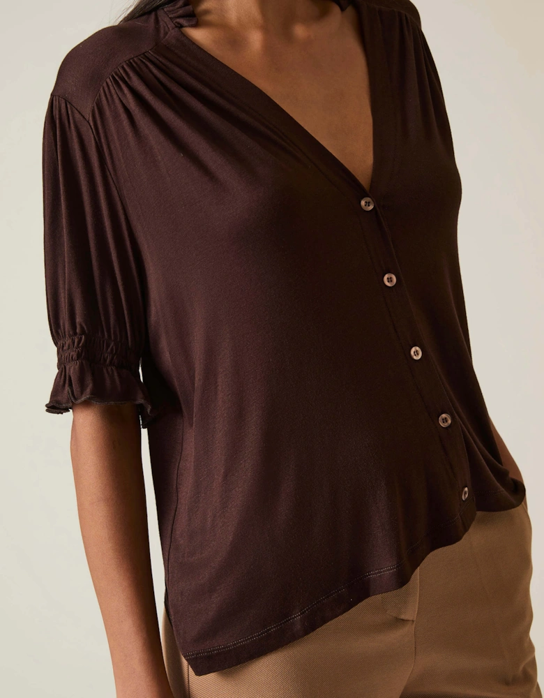 Brown V-neck Jersey Blouse