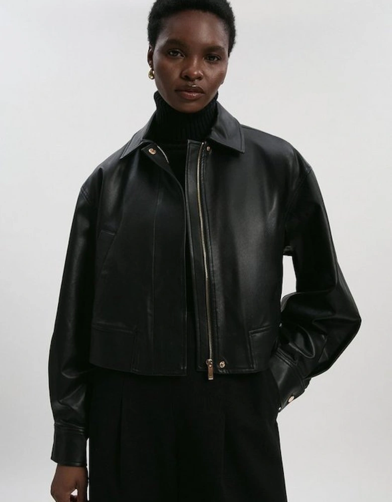 Faux Leather Tailored Bomber Jacket