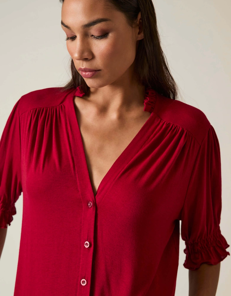 Burgundy V-neck Jersey Blouse
