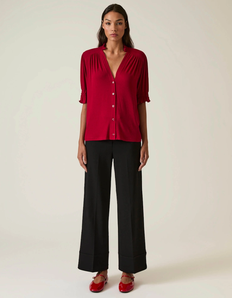 Burgundy V-neck Jersey Blouse