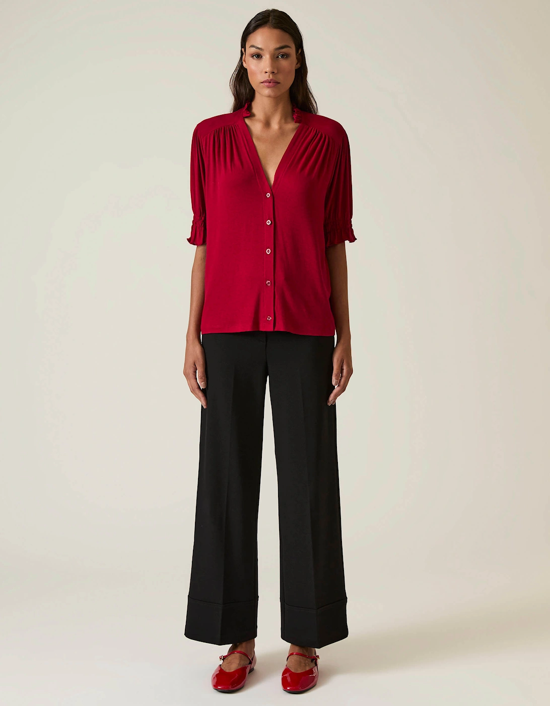Burgundy V-neck Jersey Blouse