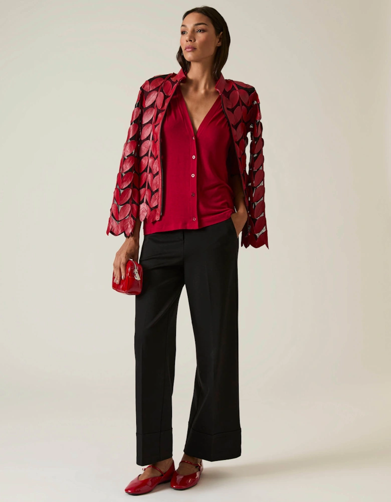 Burgundy V-neck Jersey Blouse