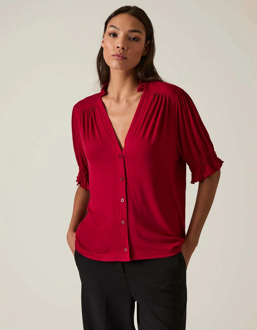 Burgundy V-neck Jersey Blouse
