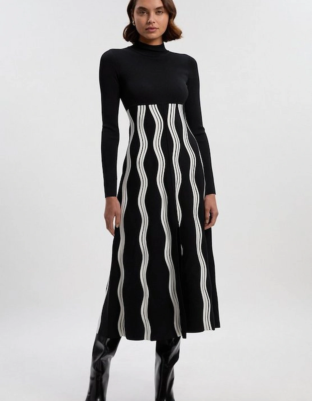 Petite Contrast Wave Knit A-Line Knitted Long Sleeve Dress, 2 of 1