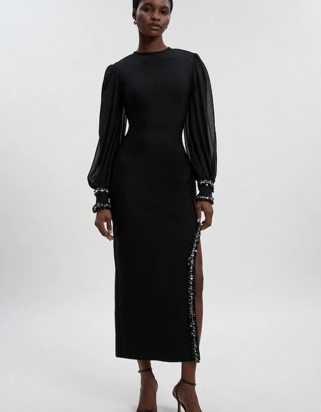 Petite Embellished Figure Form And Chiffon Sleeve Midi Dress, 4 of 3