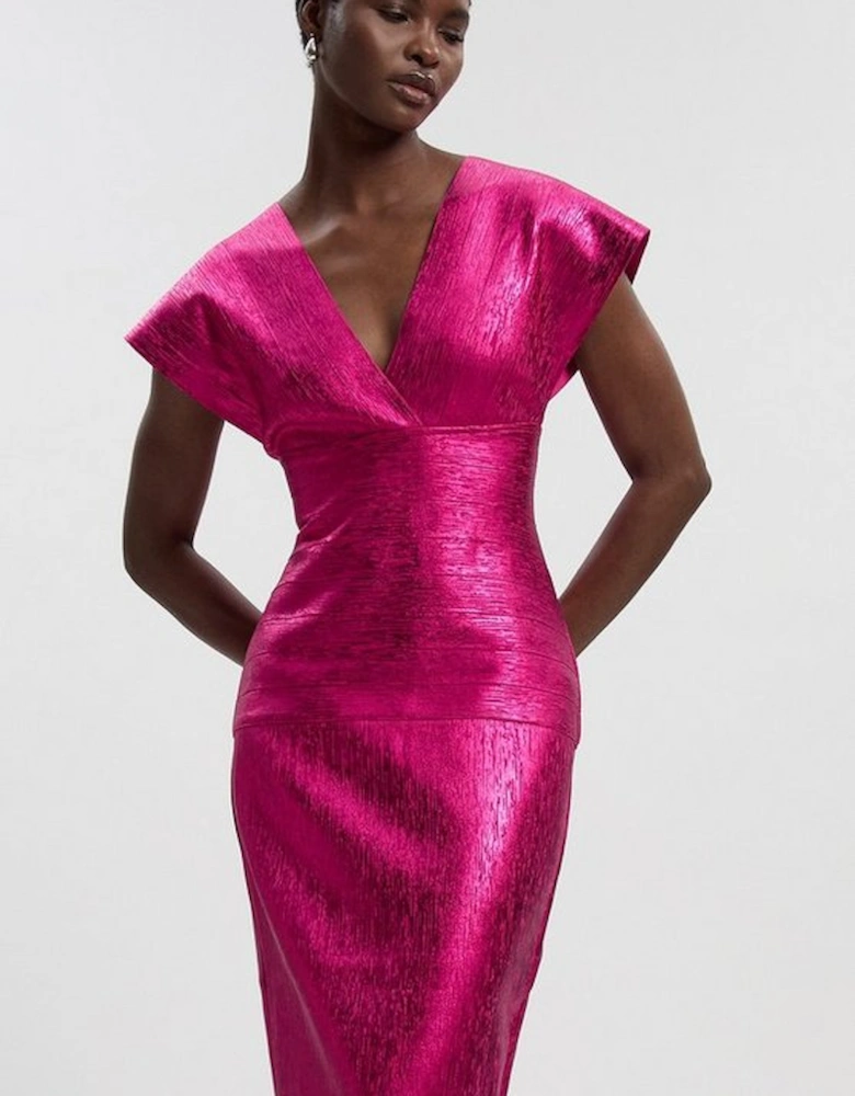 Foil Metallic Figure Form Angel Sleeve Knit Maxi Dress