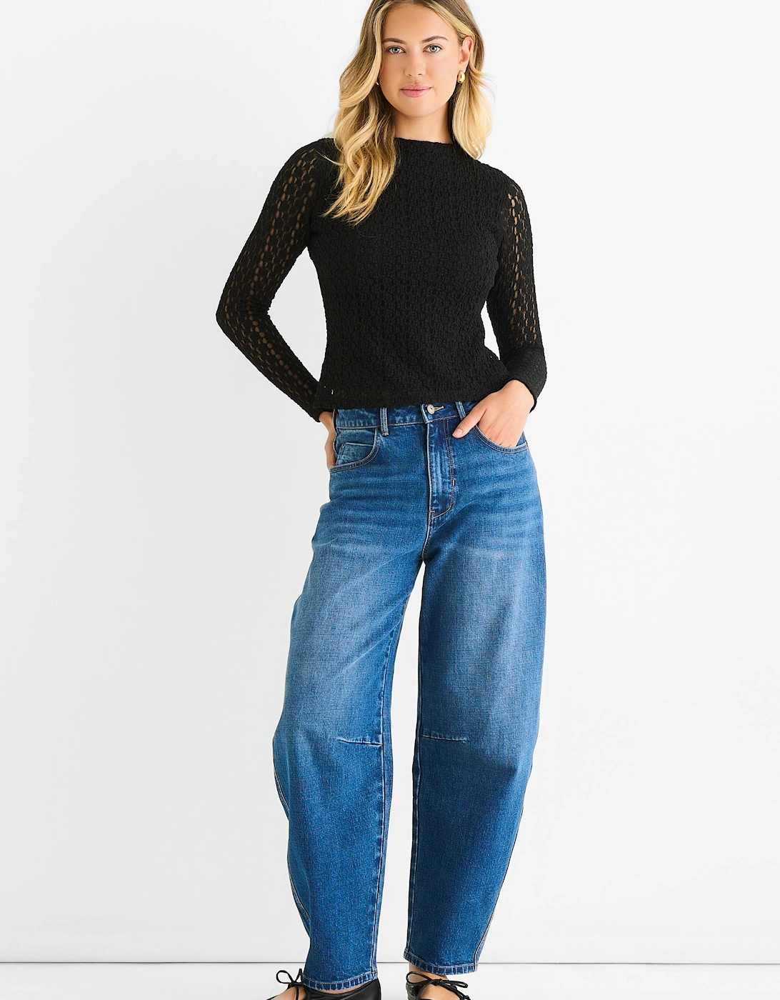 Blue Mid Rise Barrel Leg Jeans, 5 of 4