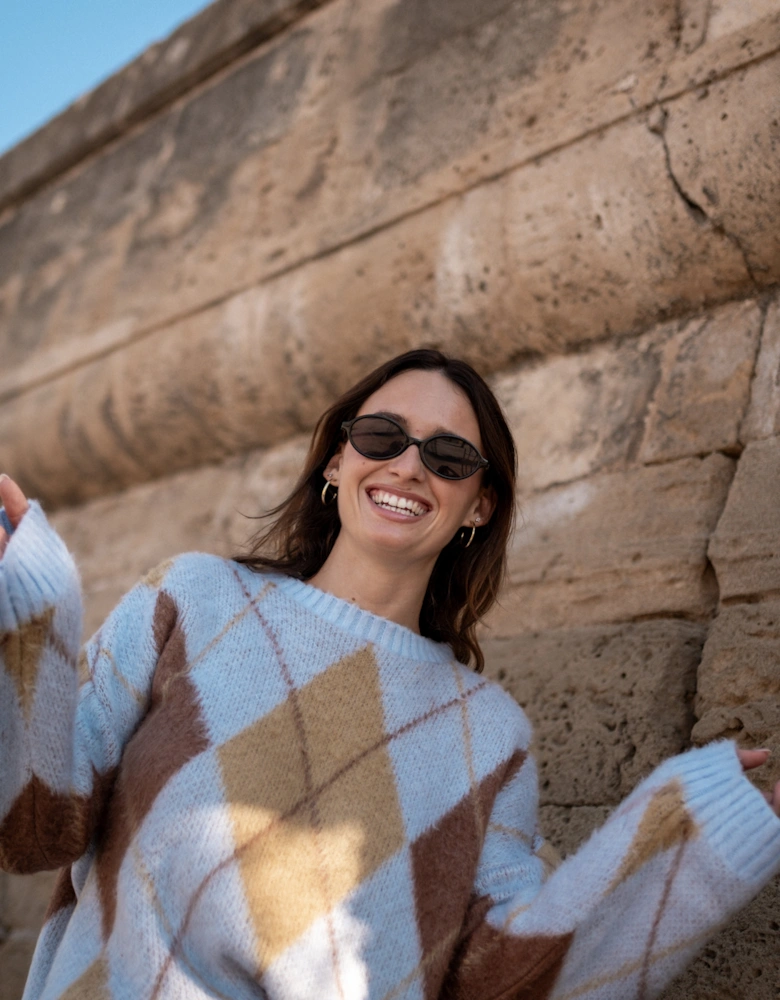 Blue Argyle Knit Round Neck Jumper