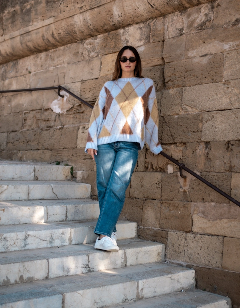 Blue Argyle Knit Round Neck Jumper