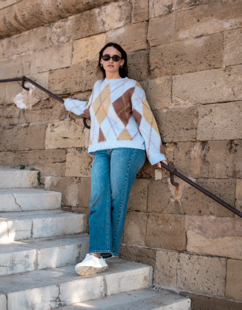 Blue Argyle Knit Round Neck Jumper