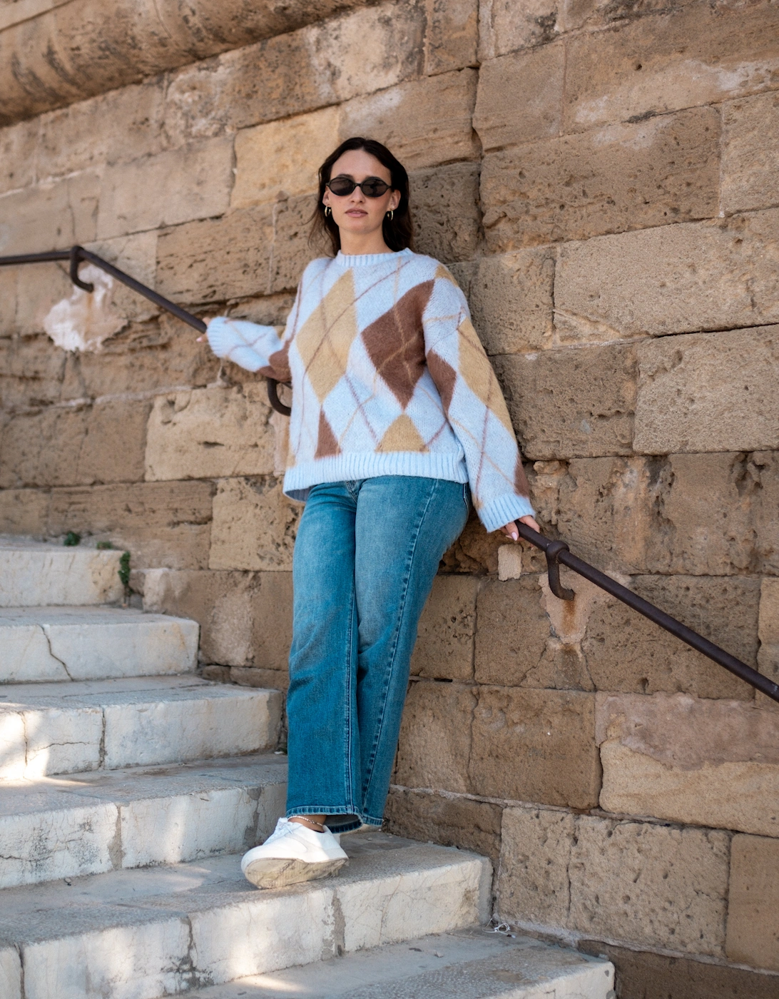 Blue Argyle Knit Round Neck Jumper