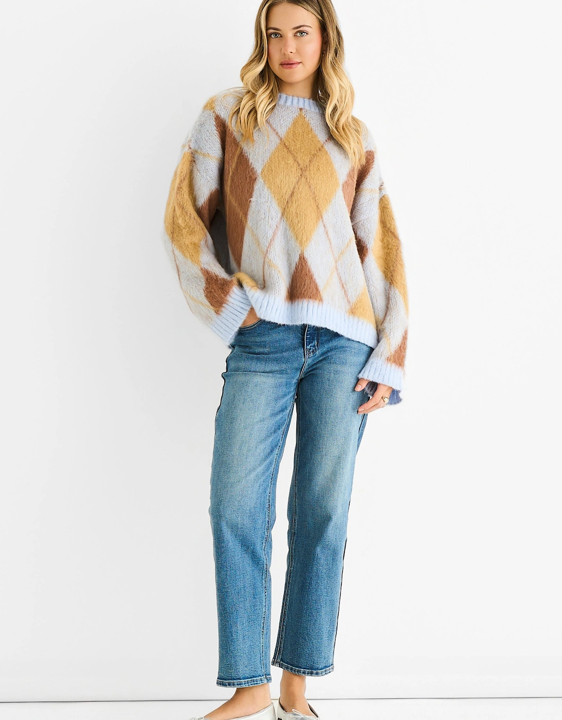 Blue Argyle Knit Round Neck Jumper