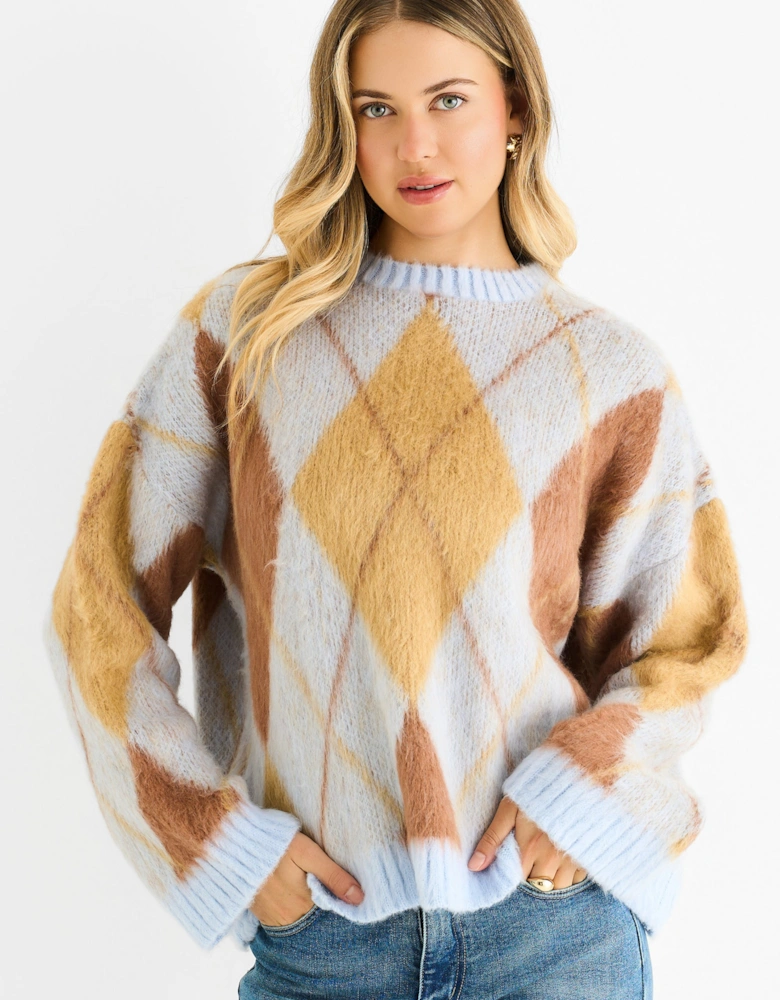 Blue Argyle Knit Round Neck Jumper