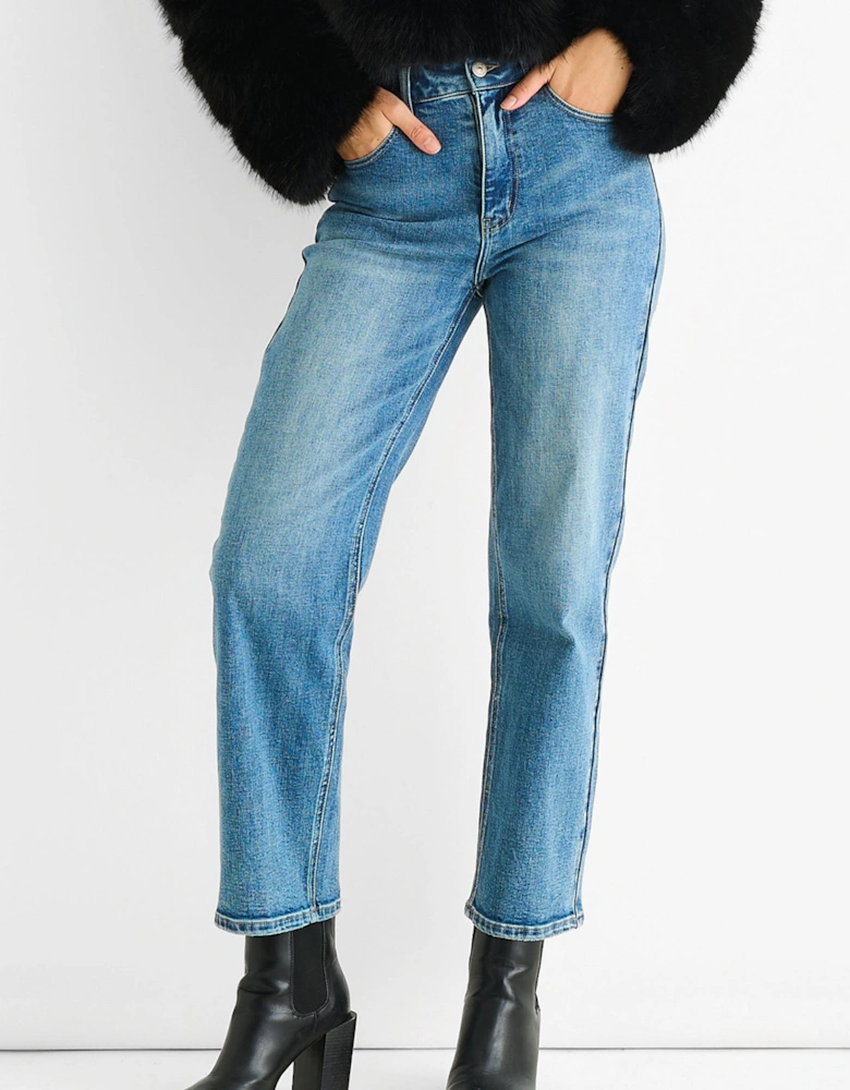 Blue Mid Rise Straight Leg Jeans
