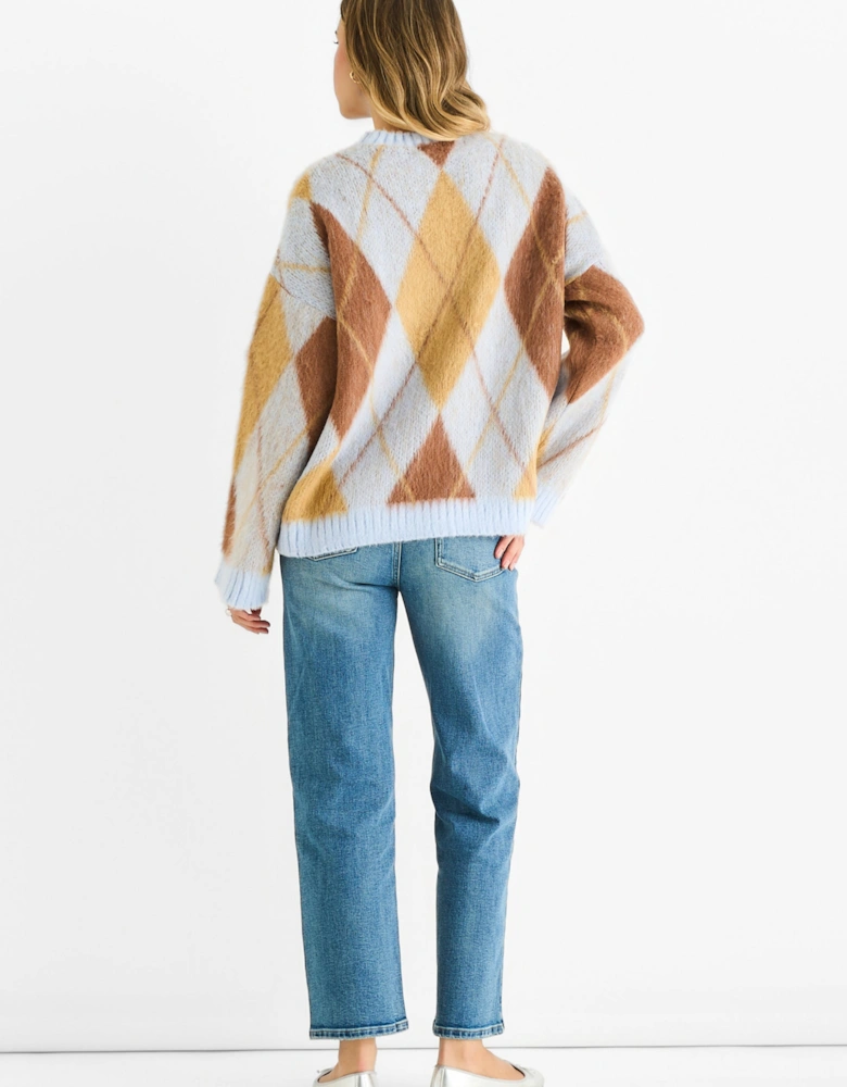 Blue Argyle Knit Round Neck Jumper