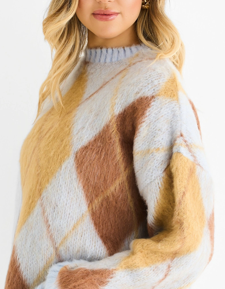 Blue Argyle Knit Round Neck Jumper