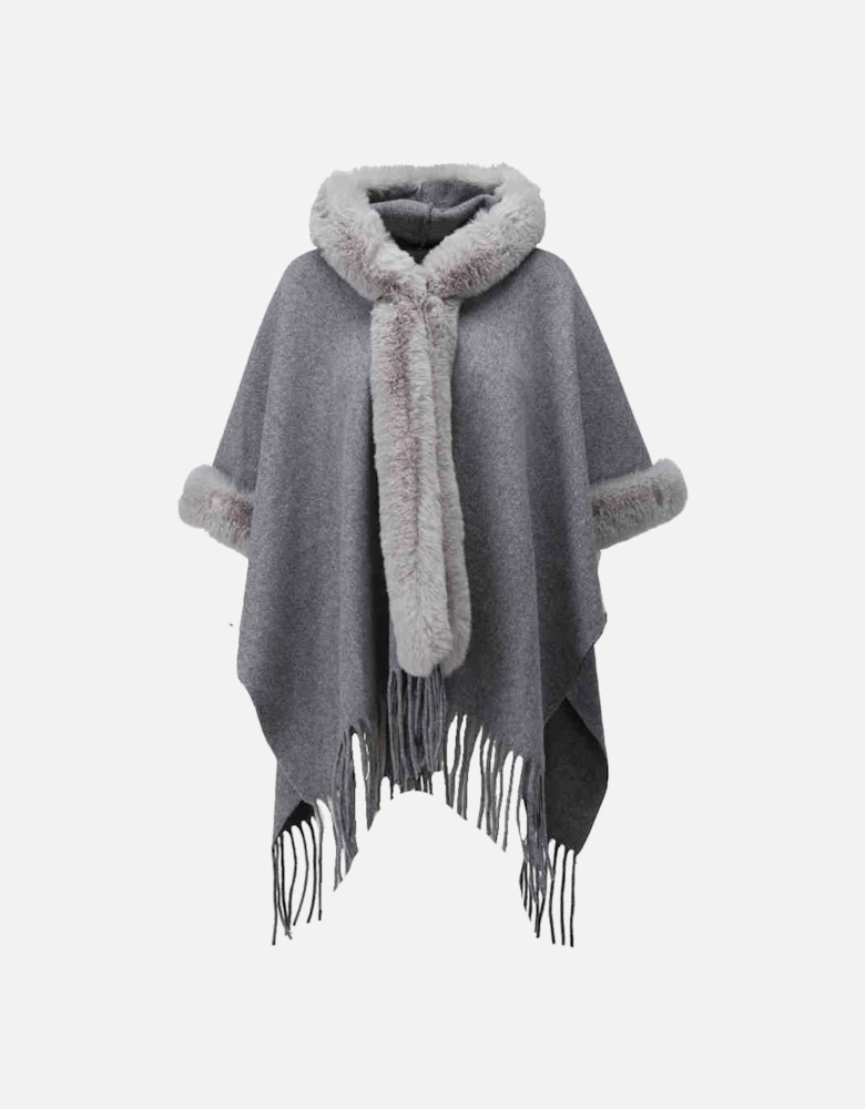 Poncho with faux fur in silver grey