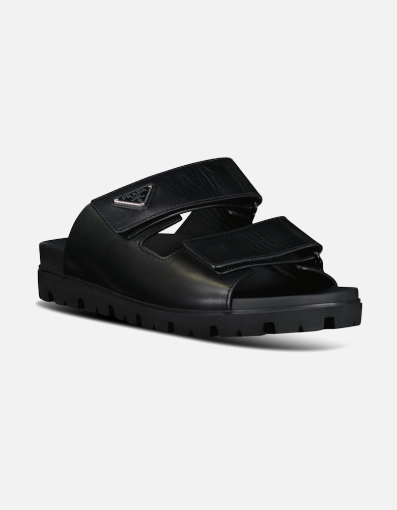 Triangle Logo Leather Strap Sandals Black