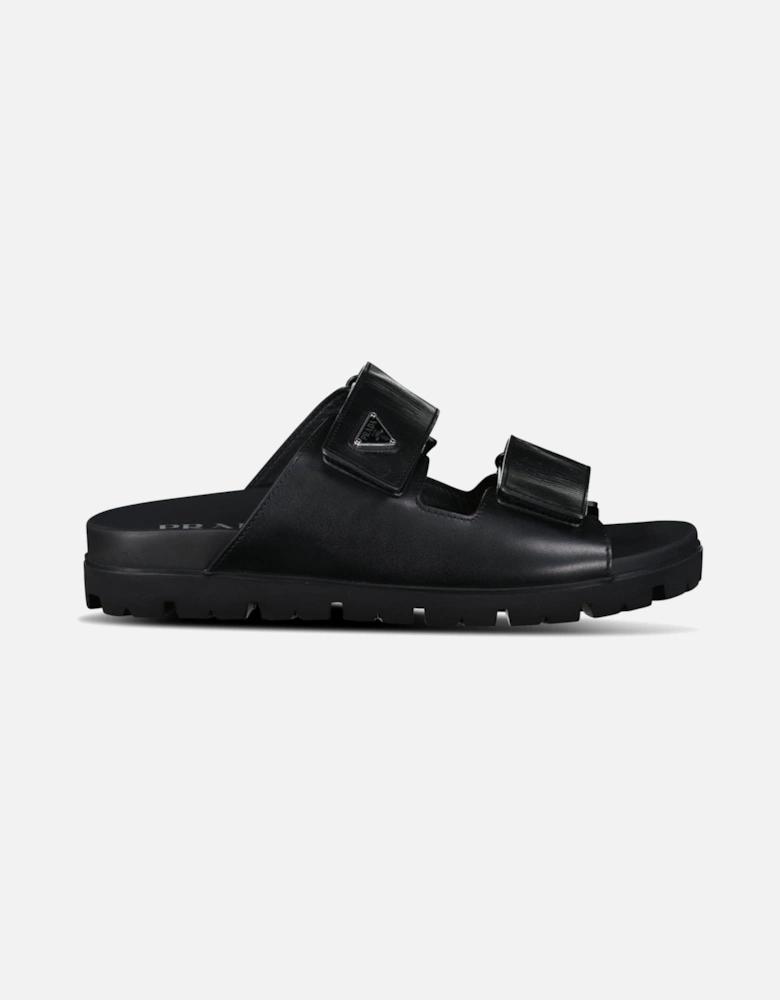 Triangle Logo Leather Strap Sandals Black