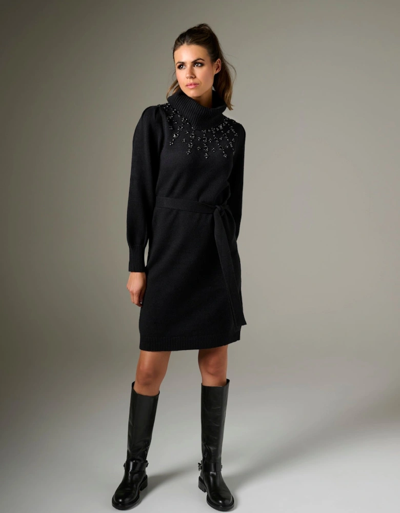 Black knitted dress with bead detail