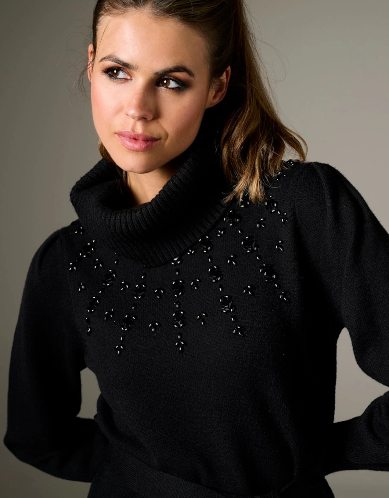 Black knitted dress with bead detail