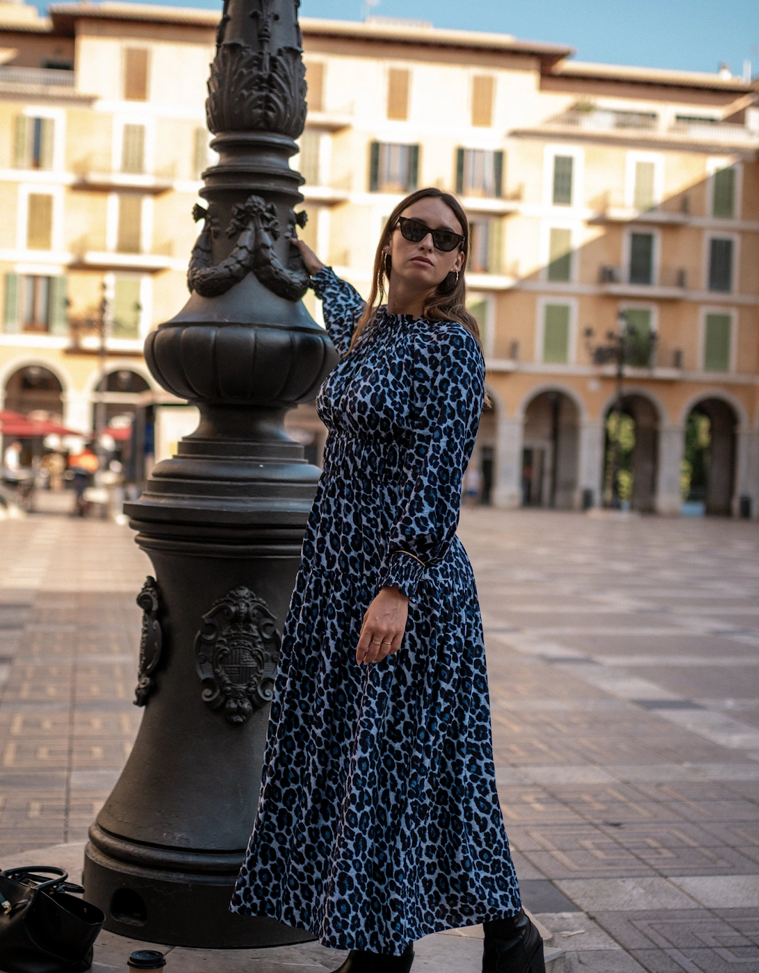 Blue Animal Print Shirred High Neck Maxi Dress