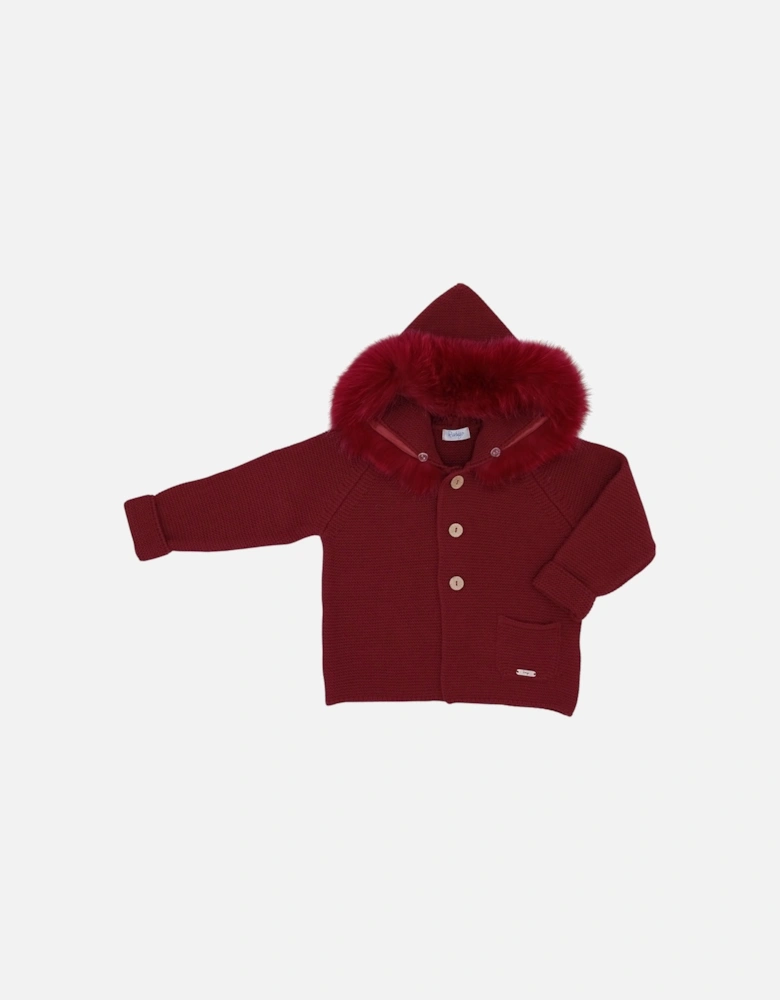 Girls Dark Red Knit Fur Trim Cardigan