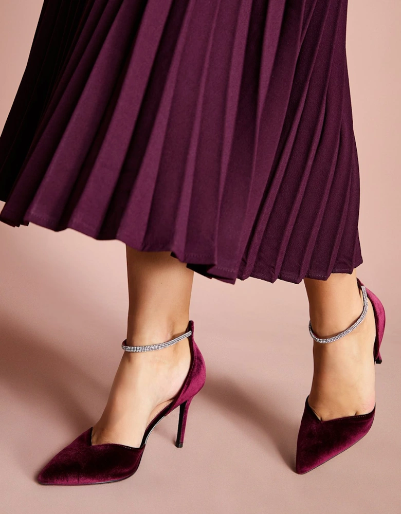 Sicily Velvet Diamante Ankle Strap Pointed Court Shoes
