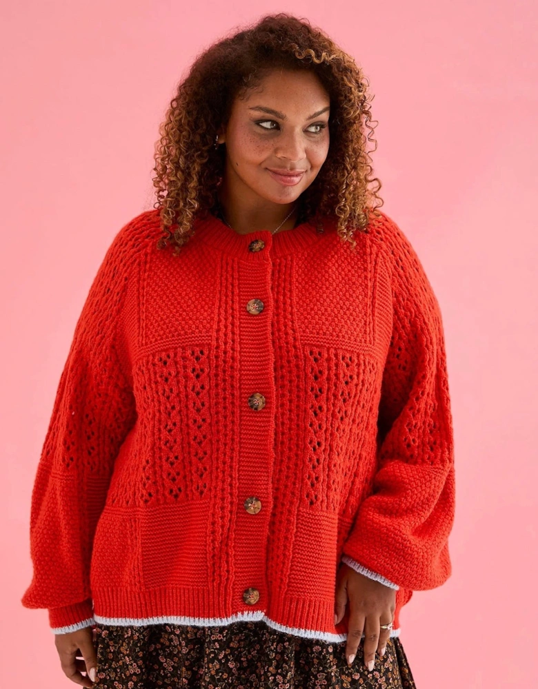 Brigit Pointelle Stitch Balloon Sleeve Cardigan - Orange