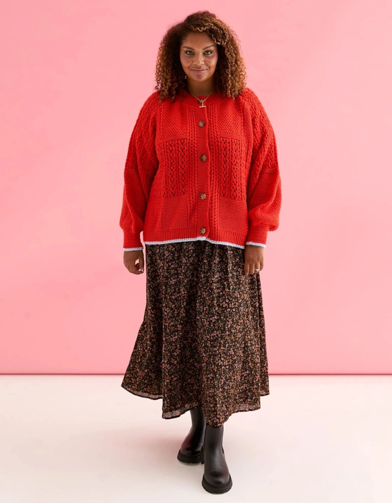 Brigit Pointelle Stitch Balloon Sleeve Cardigan - Orange