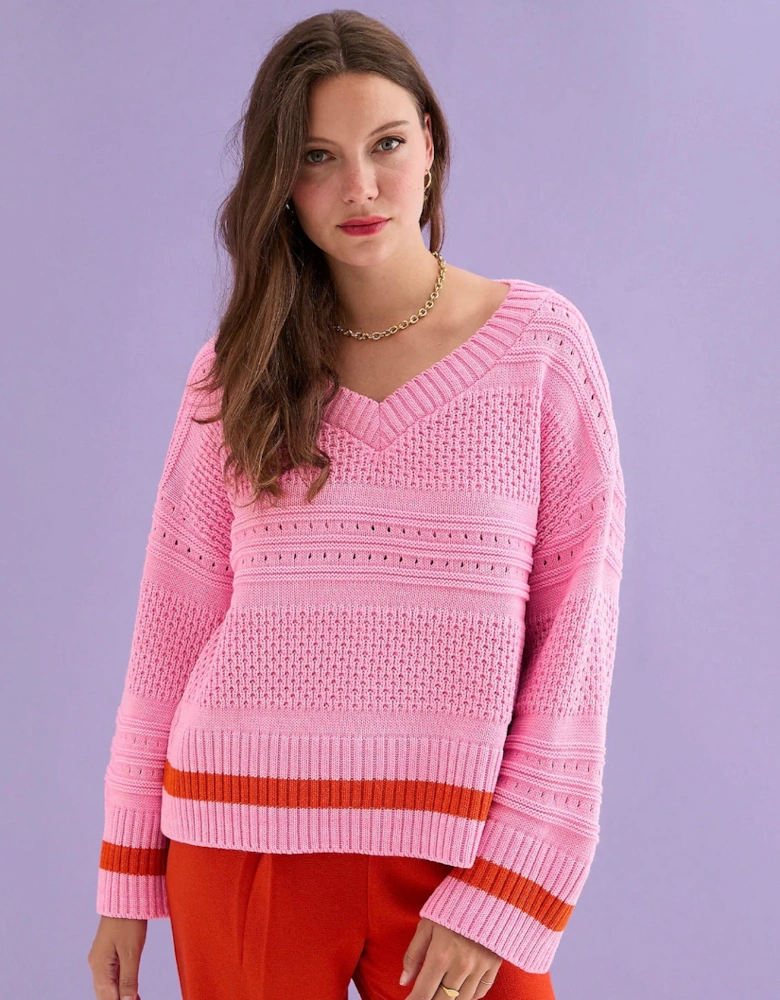 Judith Pointelle Stitch V Neck Jumper - Pink