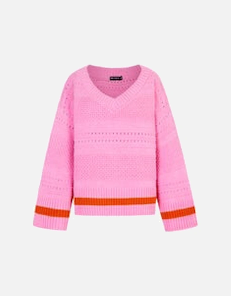 Judith Pointelle Stitch V Neck Jumper - Pink
