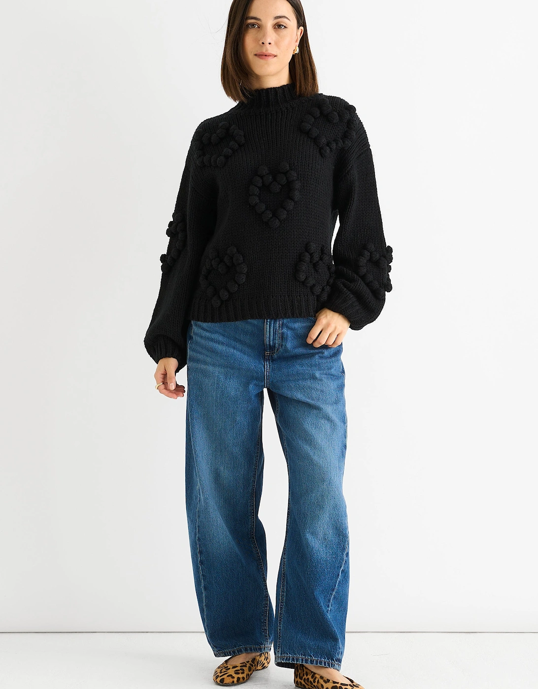 Gini London Women's Black Heart Bubble Chunky Knit High Neck Jumper - Size: 12/14