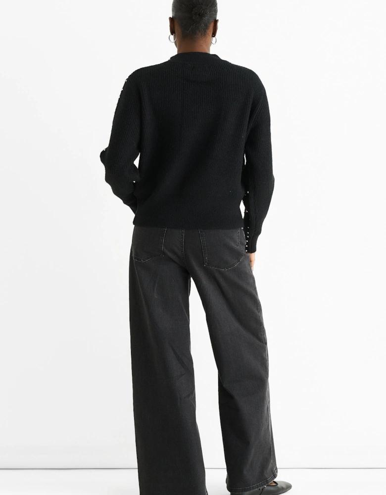 Black Pearl Studded High Neck Knit Jumper