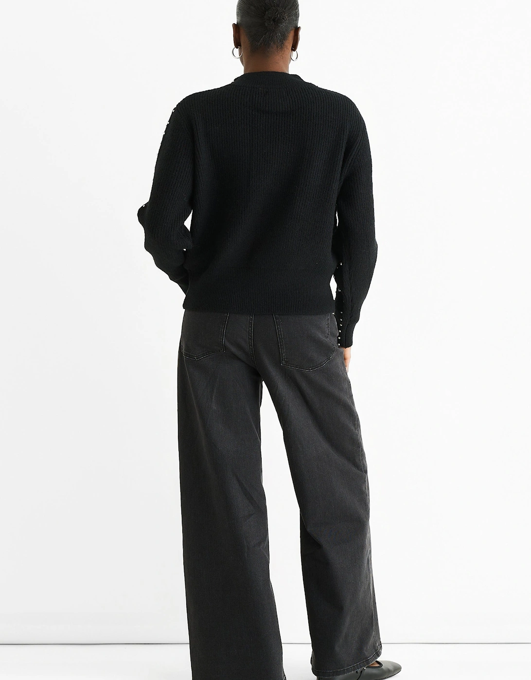Black Pearl Studded High Neck Knit Jumper
