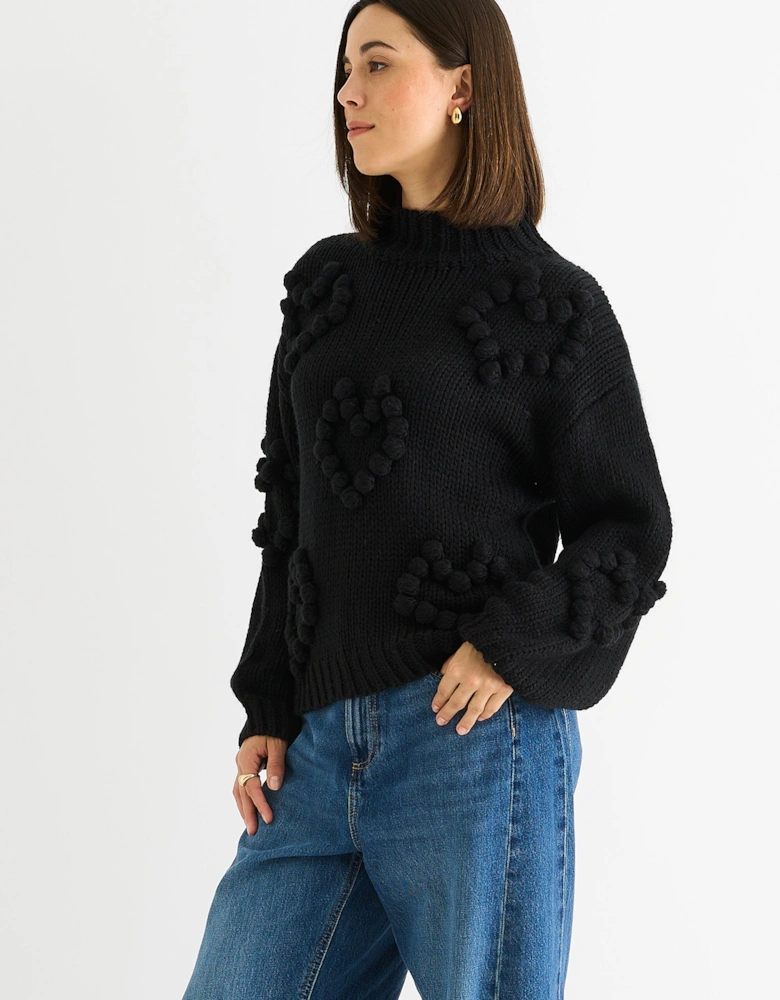 Black Heart Bubble Chunky Knit High Neck Jumper